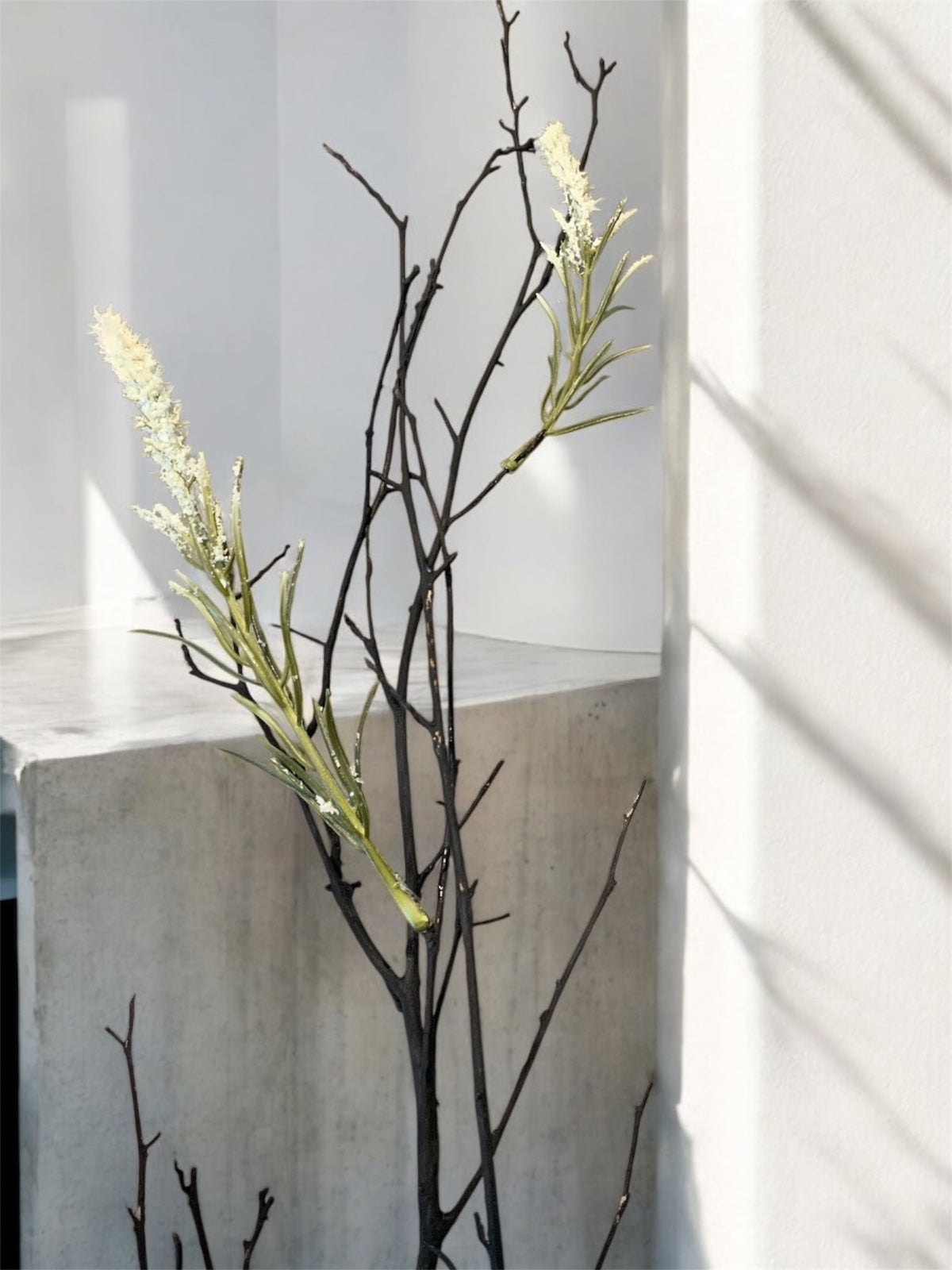 Natural Wood Branches with White Spike-Like Flowers